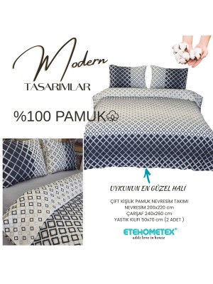 ETEHOMETEX %100 Pamuk Nevresim Takımı ÇİFT KİŞİLİK KARE LACİVERT 8696474232117